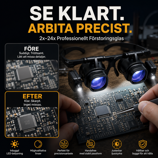 ✨ Precisionsglasögon med LED-förstoring – utbytbara linser, dubbla LED-lampor, handsfree 💡