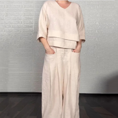 Tvådelat casual set för kvinnor, bomull och linne med oregelbunden fåll och korta ärmar