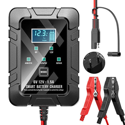 🔋⚡ Smart batteriladdare | Automatisk spänningsavkänning · Smart överladdningsskydd · Pulsåterställning · Flera skyddsfunktioner · LCD-skärm
