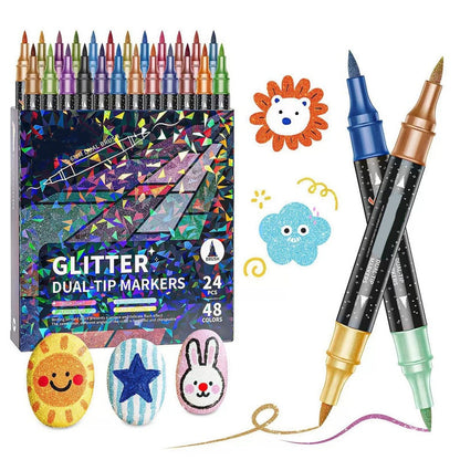 Dubbeländsglittermarkörer – penselspets + fin spets, vattenbaserad & giftfri, 12–48 färger ✨🎨