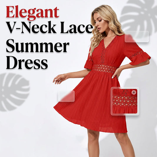 👗 Elegant Spetsklänning med V-ringad Hals, Veckad Design & Volangärmar – Perfekt för Sommarsemestern 🌺