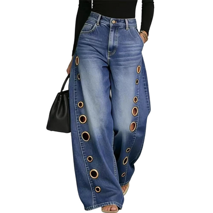 💥 53% RABATT 👖 Komfortabla vida jeans med dekorativa ringar ✨ Modern design, mjukt material & perfekt för alla tillfällen 🌸