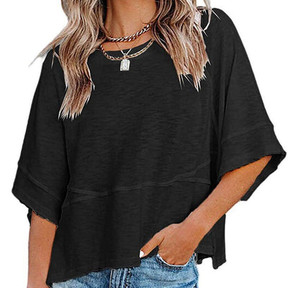 🔥 T-shirt för damer i enfärgat tyg med sömmar och vid ärmar i femdelad passform ✨