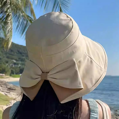🎀 Kvinnors Bågknut Bredbrätte Solhatt – Hopfällbar, Andningsbar & 360° Skydd – Kompakt Reskamrat ☀️
