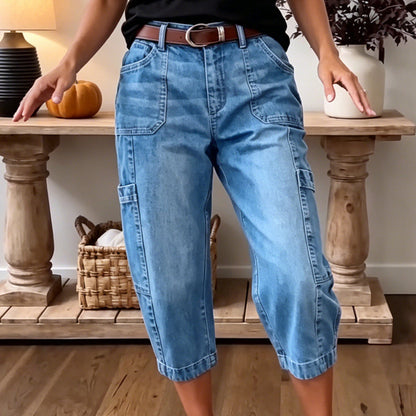 ✨ Korta stretchiga jeansbyxor för dam – Barrel-passform & mjuk denim – Avslappnad & bekväm – perfekt för vardagen eller lediga dagar 🌿🌸