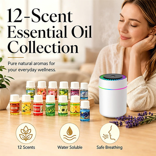 ✨ 12‑pack vattenlösliga eteriska oljor – en doft för varje stämning – perfekt för diffusorer, luftfuktare och avkoppling 🌸🕯️