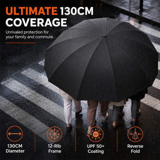☂️50 % RABATT NU! Extra stort hopfällbart paraply – 130 cm, 12 ribbor, vindbeständigt paraply med omvänd vikning, UPF50+ solskydd, extra stort paraply för familjens pendling & utomhusbruk✨